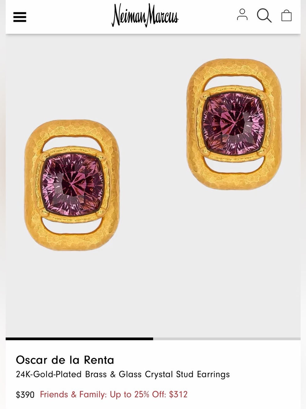 24K Plated Oscar de la Renta Hammered Gold Earrings with Amethyst Crystal